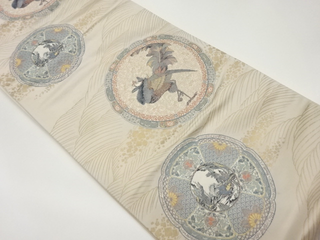 絵皿に鳥・風景・花模様織出し袋帯